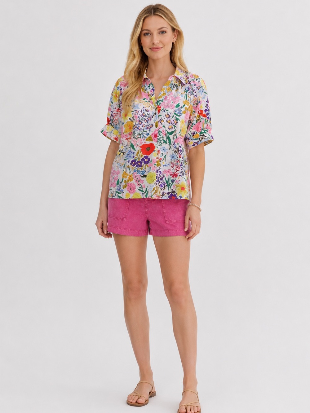 Avara Floral Blouse Puff Sleeve Split Neck Cotton Red Pink Blue Women S